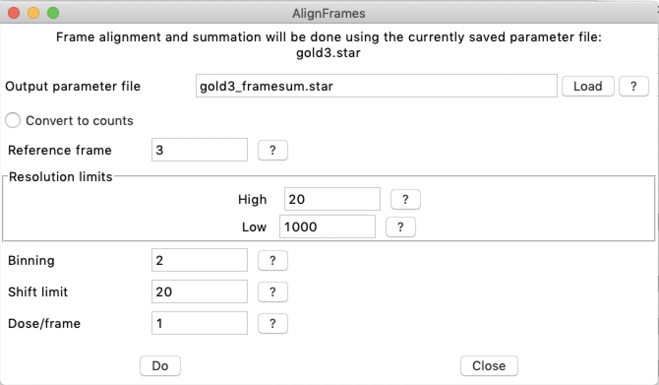 Frame alignment dialog