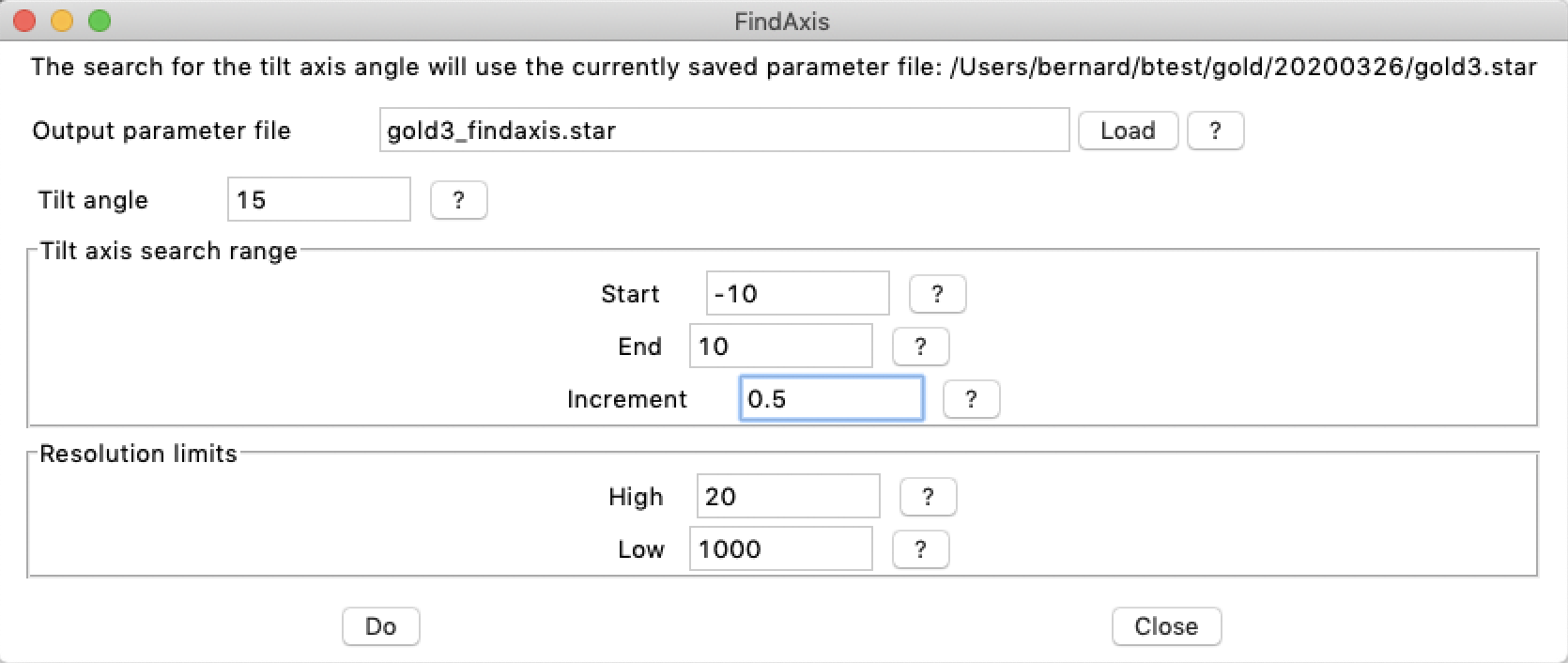 Find tilt axis dialog window