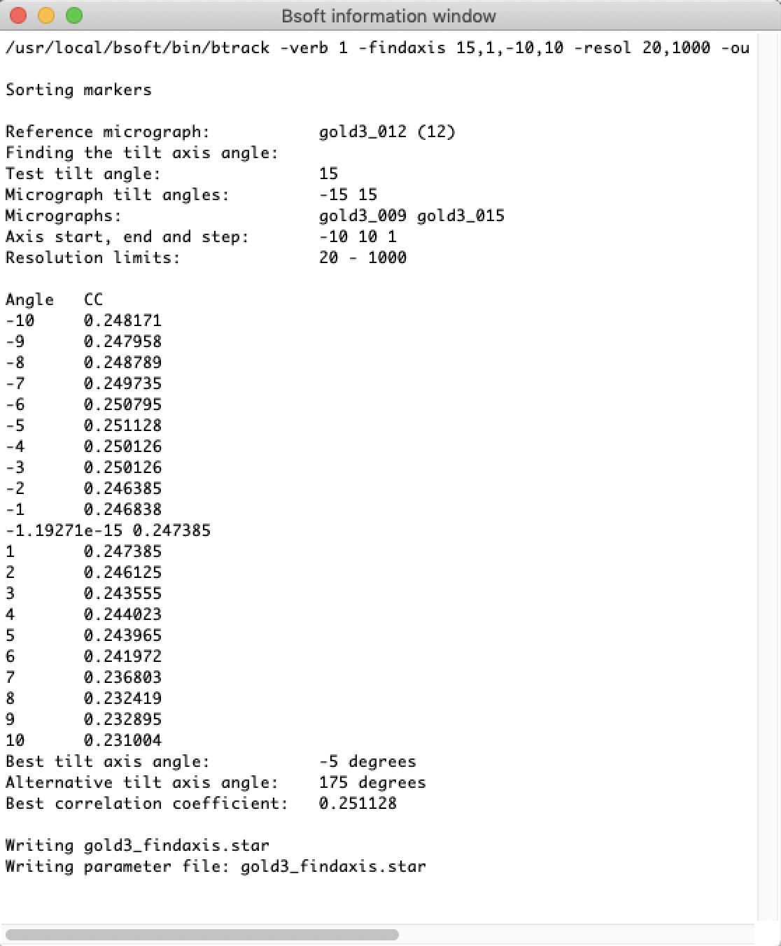 Find tilt axis results window