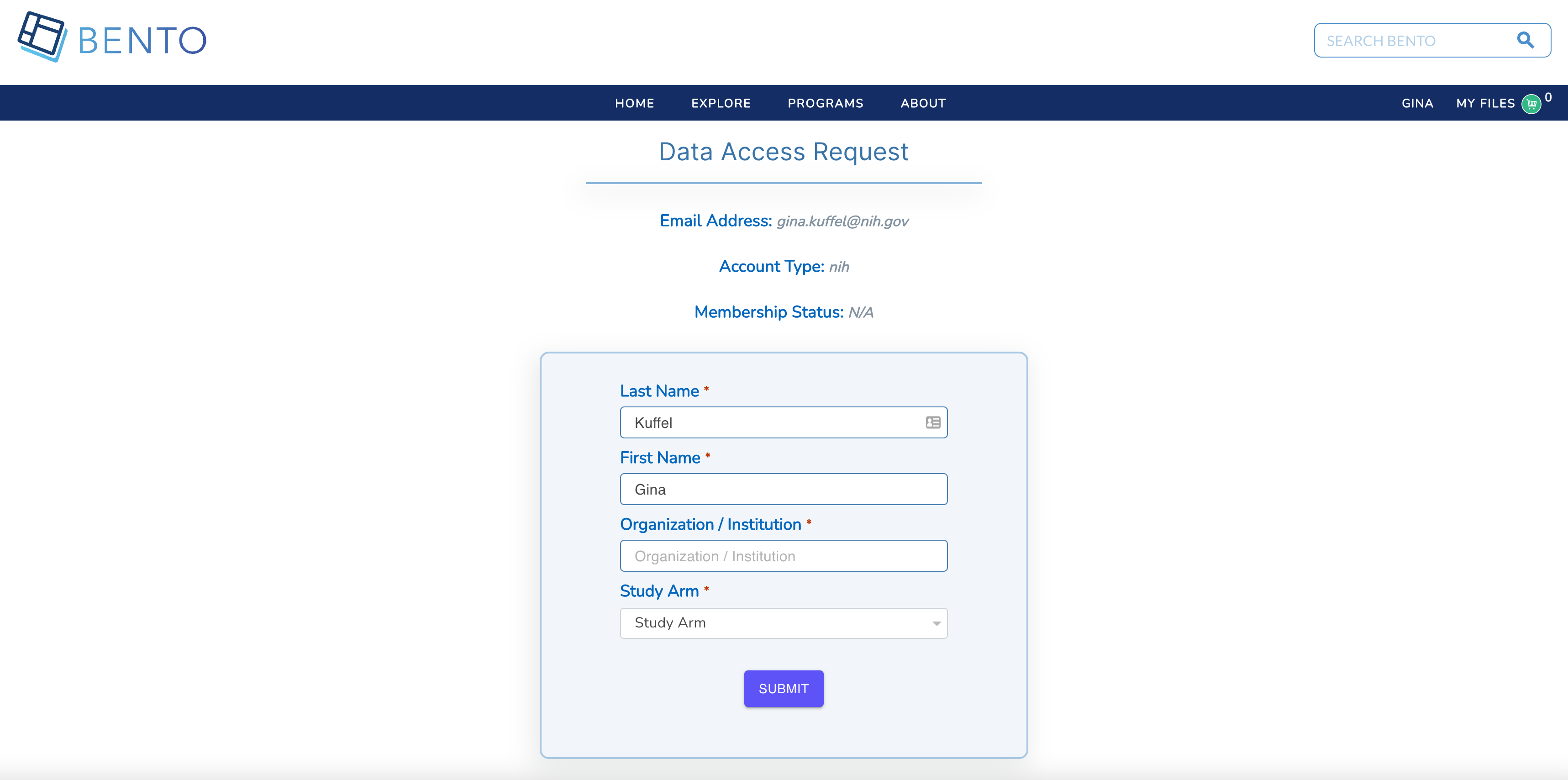 Data Access Request (DAR) Example page